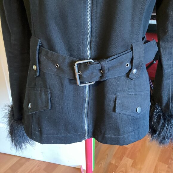 Tripp NYC Women's Black Y2K Jacket, Sz Large, Canvas Zipper Snaps Studs Faux Fur - Picture 4 of 10